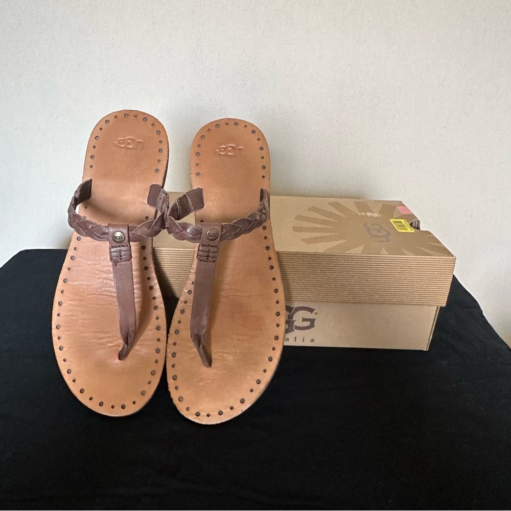 UGG Women's Bria Braided Brown Leather Thong Sandals Size 10 - Picture 3 of 5